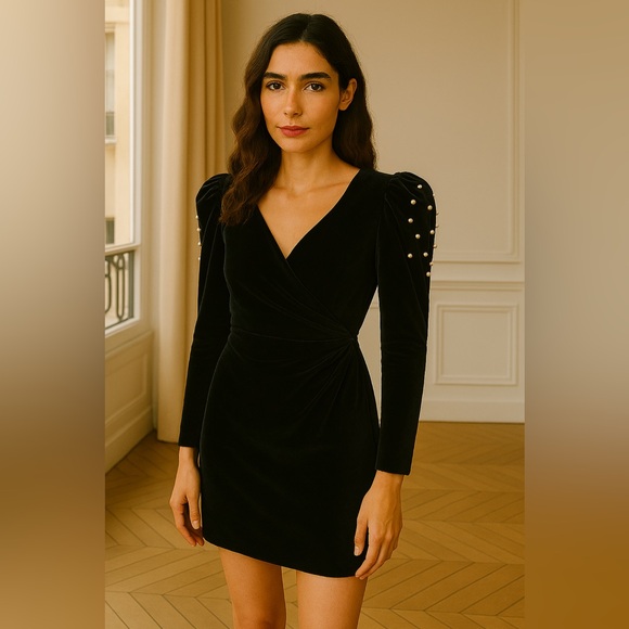 Tadashi Shoji Velvet Wrap Dress with Pearls - Picture 1 of 11